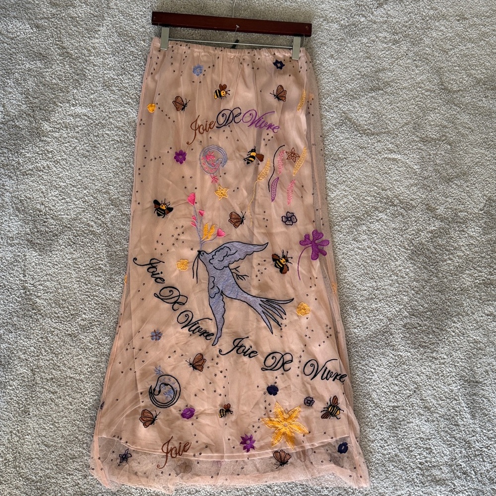 Anthropologie Pink Embroidered Maxi Skirt with Bird & Floral Motifs